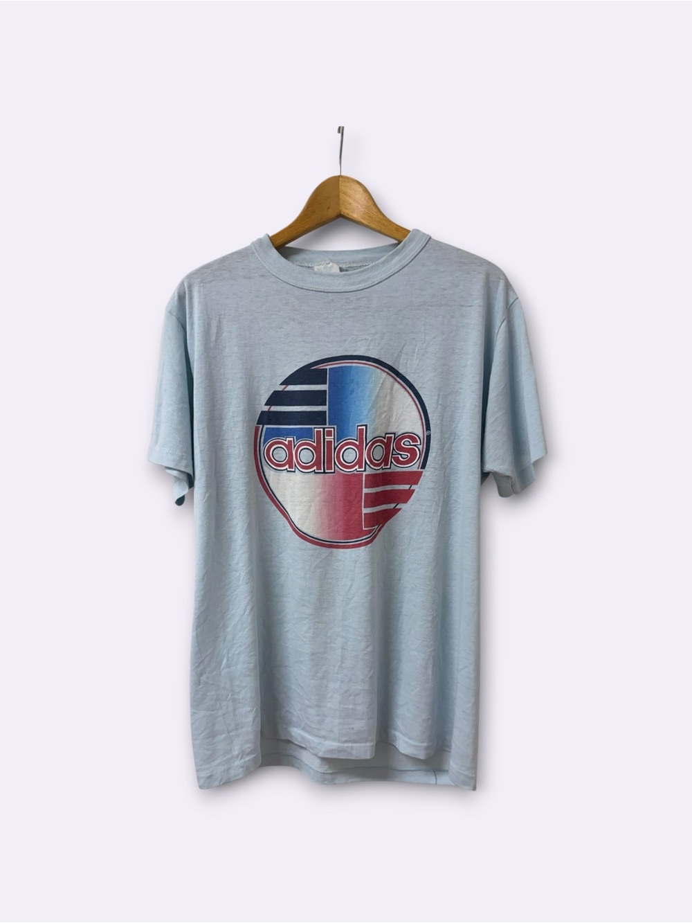 Vintage 80s Adidas Men’s Light Blue Graphic Logo T-Shirt